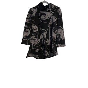 Feratelli Women's L Black Gray Tunic Top Pullover Cowl Neck Abstract Lagenlook